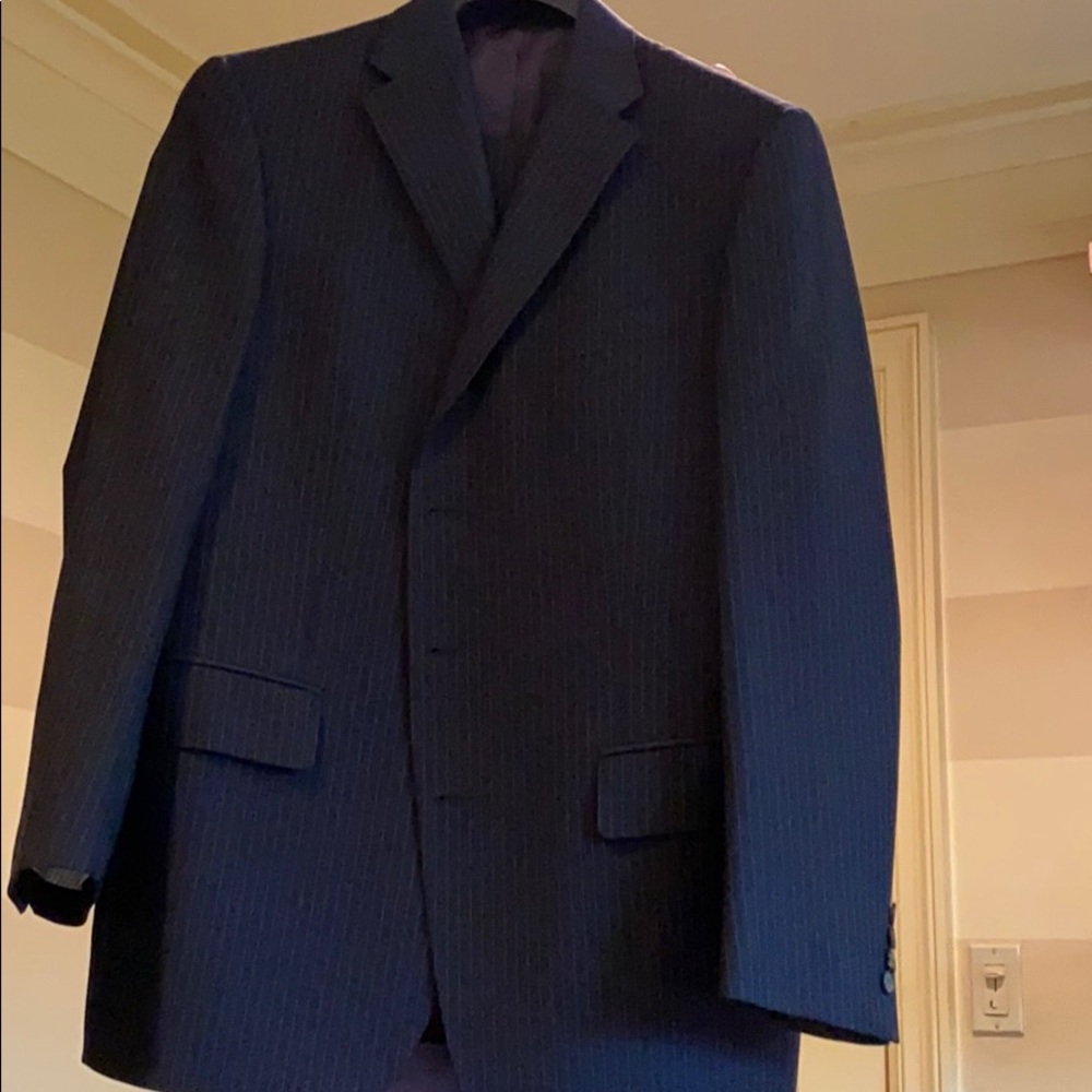 Navy blue white pinstripe Faconnable Italian suit
